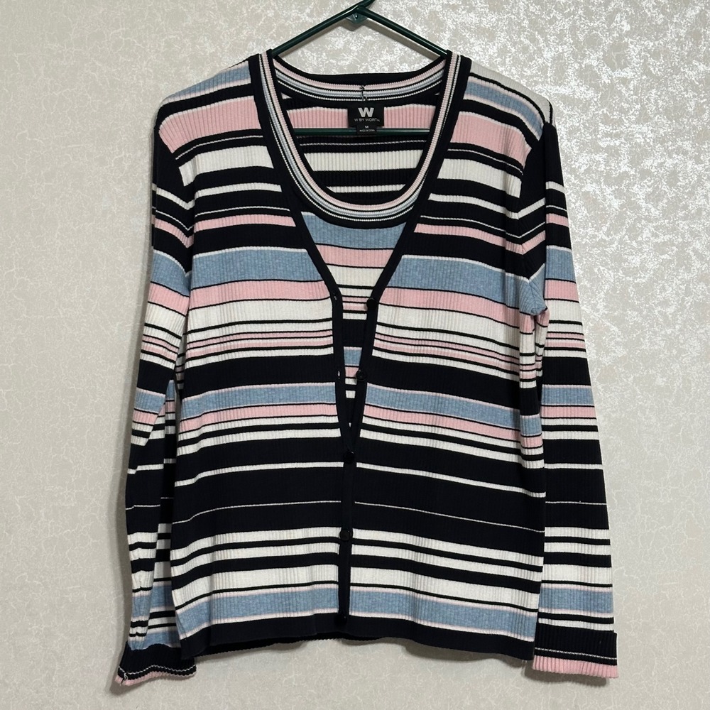 W By Worth Striped Tank Top & Cardigan Set Ribbed Knit Pink Blue White Black M L